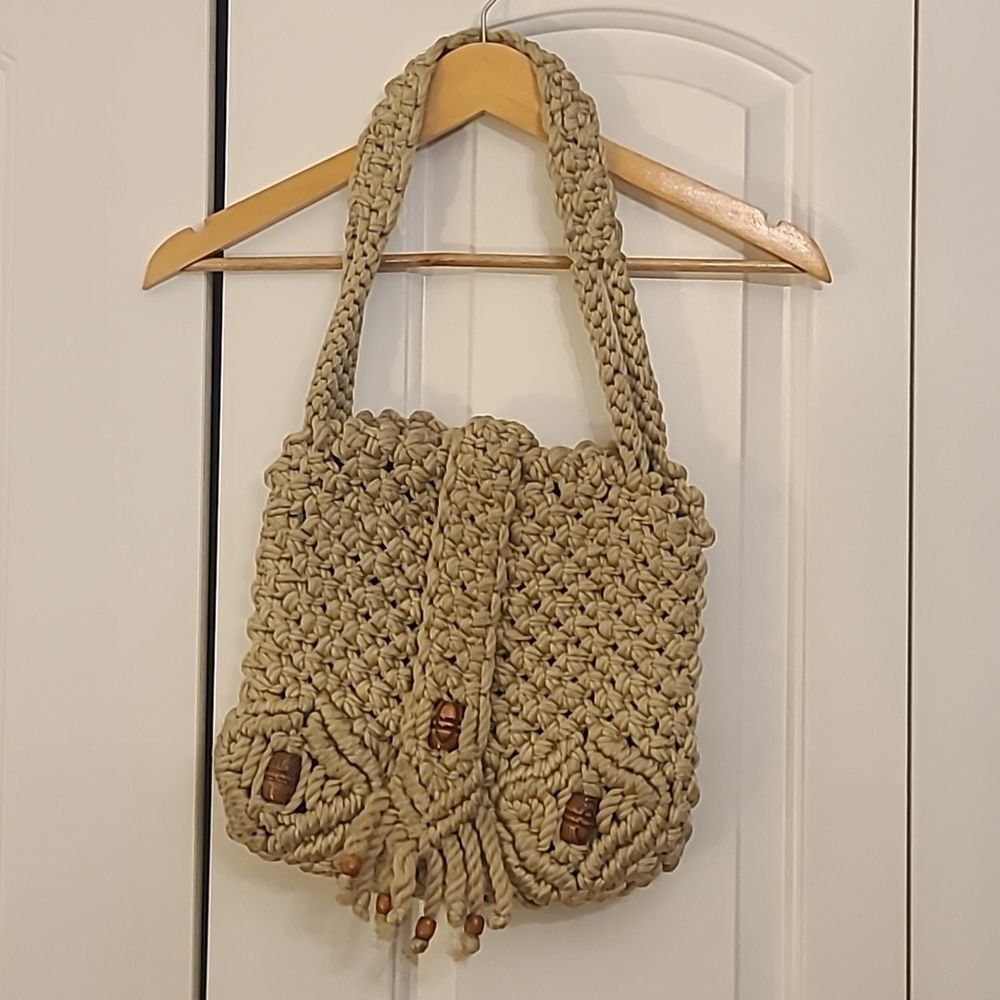 Vintage Boho Macrame Woven Crochet Bag Wood Bead Accents